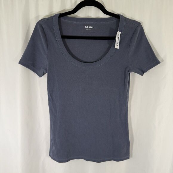 New Old Navy Blouse Women's Medium Blue Ribbed Short Sleeve Round Neck - Picture 1 of 10